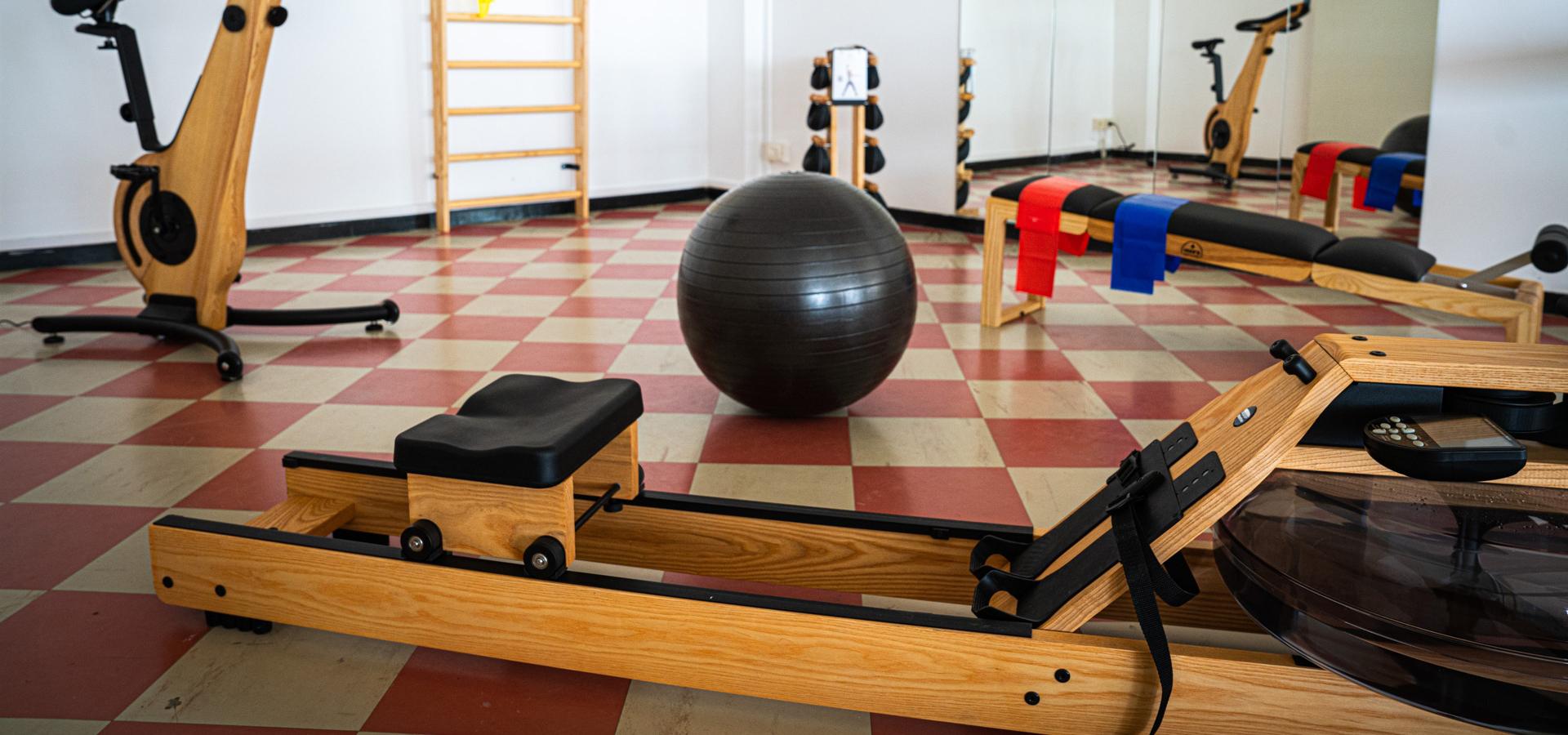 Palestra con attrezzi in legno e palla fitness.