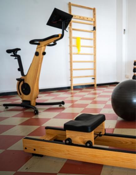 Gym with wooden equipment, exercise bike, bench, and fitball.